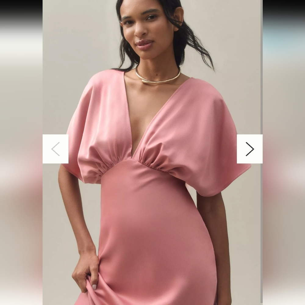 BHLDN Leila Deep-V Flutter-Sleeve Satin A-Line Gown